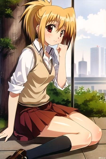 (1girl), masterpiece, best quality, absurdres, cute, extremely detailed face, perfect lighting, chiba kirino, blonde hair, ponytail, <lora:model-BambooBlade-Chiba_Kirino:0.8>, school uniform, skirt, sitting