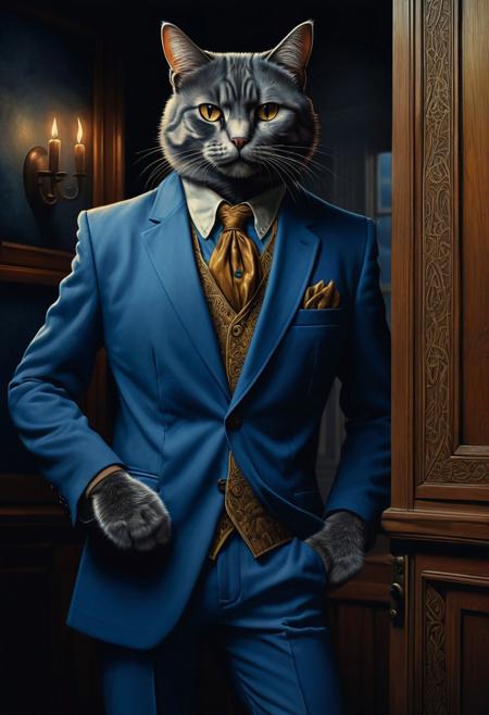 Ultra realistic,, Surrealism, Dark fantasy illustration. Medium shot. Highly Detailed, Cat In A Men's Blue Blazer, And Trousers, Dark, ominous atmosphere. Best quality. Masterpiece. 8k resolution. Inspiration from James Bama and Joe Jusko, Middle-earth