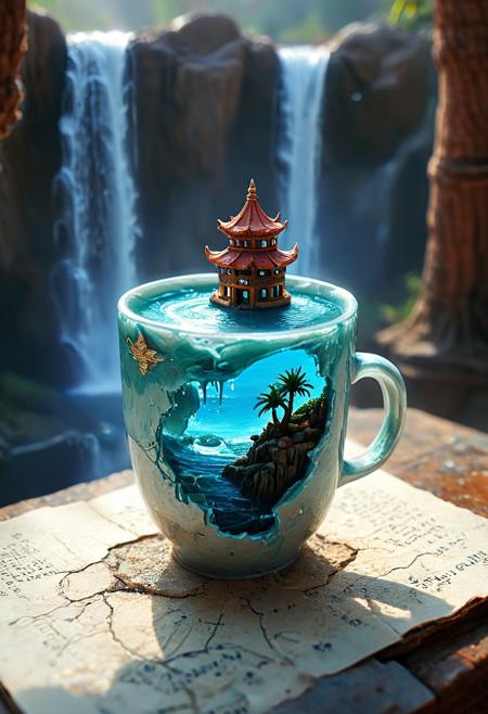 SilverPulse,tilt-shift photo of best quality double exposure complex surreal painting on cracked paper, macro, microworld,  hyperdetailed,   insanely detailed, surreal, tiny genie spirit creature, flying oasis landscape placed inside a cup on the table in room. waterfall, lotus flowers,temple palms desert filigree, table cinematic, big eyes 32k, by Rockwell, WLOP Ryniac, Craola, Disney, van Gogh, highly detailed, intricated, intricated pose, high quality, centered, perfect composition.,
<lora:Midjourney_-_SemiReal_Dreams_FLUX_LoRA:1>,<lora:hyper-detail-illustration:1>, Selective focus, miniature effect, blurred background, highly detailed, vibrant, perspective control