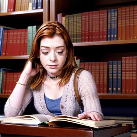 <lora:willowRosenburg:1>  willowRosenburg in a library reading a book