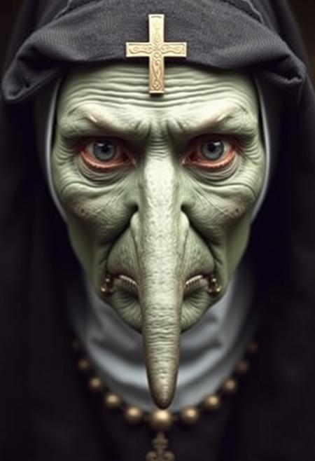 A catholic nun witch hybrid facing the viewer seriously staring at viewer with green skin and long nose