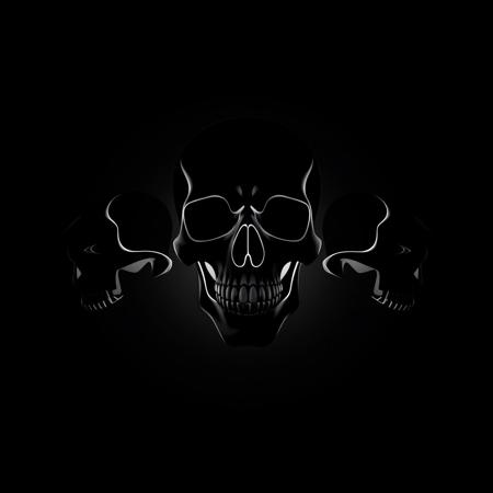Three skulls, silhouettes, see no evil, hear no evil, speak no evil, all facing different directions, all connected into one, shhhh