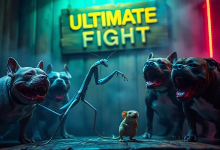 “A hyper-realistic scene of a pale blue mantis dancing gracefully with a greenish mouse, surrounded by four pitbulls barking hysterically, their expressions intense and exaggerated. The setting is captured with optics broadcast cinema anamorphic lenses, adding subtle lens flares and a slight edge blur for a filmic effect. Studio lighting highlights the intricate textures on the mantis’s limbs, the mouse’s soft fur, and the muscular build of the pitbulls, creating a surreal yet lifelike atmosphere. In the slightly blurred background, a rotten wooden sign reads ‘Ultimate Fight’ in faded letters, adding a gritty, underground feel to the scene. Neon hues and fog soften the surroundings, amplifying the eerie, dreamlike ambiance.”