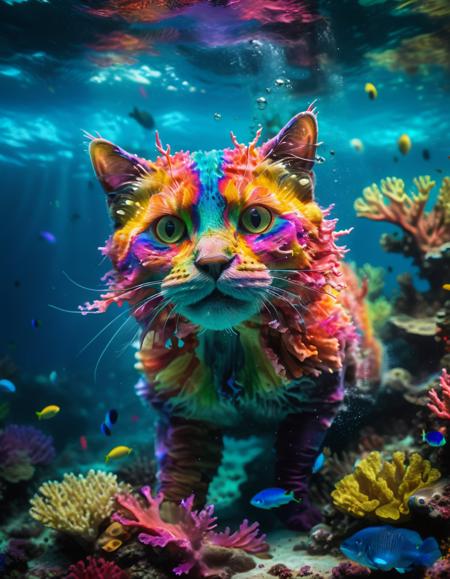 award winning photograph, rainbow-colored water cat swimming underwater, coral reef, chroma, rim lighting, 8k resolution, trending on artstation  <lora:xl_more_art-full_v1:0.8>