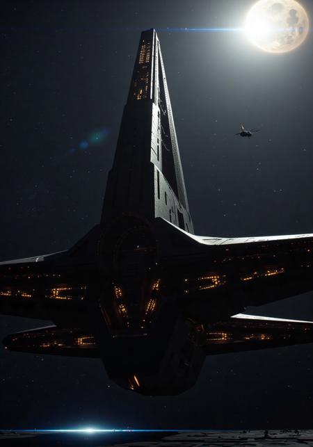 A colossal Hive Carrier spaceship hovering in deep space, its design blending Dune-style brutalist mega-architecture with intricate Gothic-mechanical detailing — towering spires, ribbed hulls, dark cathedral-like plating, vast hive-like hangars emitting eerie light. Swarms of smaller vessels orbit its silhouette. Scene lit with cinematic contrast, low-key lighting, strong shadows, and a cold cosmic color palette. Background features a starfield with nebulas and a distant dying sun. Camera angle from below, dramatic lens flare, cinematic atmosphere. Hyper-realistic, 3D render, 4K resolution.
