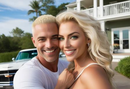 1 bald male 40 years Old ((left side)), 1 sexy female 25 years Old ((right side)), blonde hair, curly hair, messy hair, big green eyes, love, couple, happy, smile, full body view, near beach house, Harley Davidson, distance view, viewer see full body
