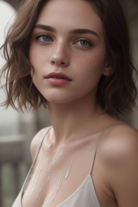 epiCRealism, an outdoor  professional photography of an irish girl with blunt medium length haircut and wet reddish hair, waist up cowboy shot, loose light blue silk camisole with thin straps, light gray eyes, plump glossy wet healthy lips, mouth parted sexily, thin eyebrows, small nose with freckles, petite, slender, fit, perky small breasts, high wind ,vibrant colors, insanely detailed, hyper detailed,  cinematic lighting, high quality, realistic textured skin and skin details,  detailed pupils, cute, highly detailed, RAW photo,  skin pores, skin fuzz,  subsurface scattering, she is provocative and alluring