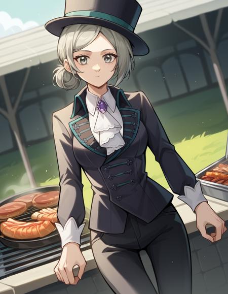 vertin, freckles, grey eyes, grey hair, hair bun, short hair, medium breasts, hat, suit, top hat, long sleeves, pants, black pants, ascot, gemstone,