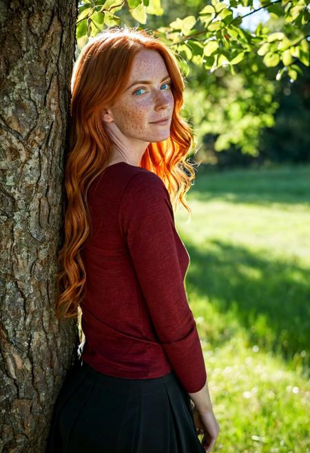 This is a photograph of a 40 year old woman with freckles, from behind, leaning up against a tree and looking over her shoulder at the viewer with her light-blue eyes. She stands in a grassy field with trees in the distance on a bright sunny day.  The sleeves on her (dark red blouse:1.1) are rolled up and she wears a long, (black skirt:1.1). Her long orange hair is wavy and hangs low on her back.  vivid colors, casting shadow style, perfect eyes, extremely intricate details, masterpiece, epic, clear shadows and highlights, realistic, intense, enhanced contrast, highly detailed skin, f/2.8, bokeh, DarkFantasy