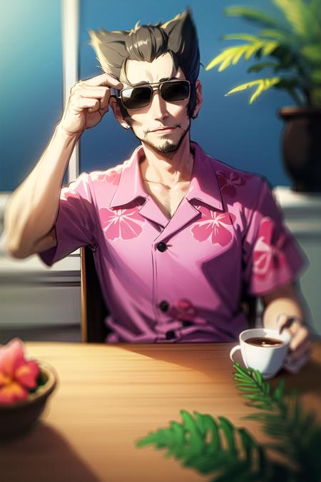 <lora:gaenOshinoKaiki:0.9>, kaikiDeishuu, masterpiece, best quality, absurdres, 1boy, looking at viewer, upper body, serious, sitting, indoors, sunglasses, pink shirt, (hawaiian shirt:1.2), cup, table, potted plant, fern, pov