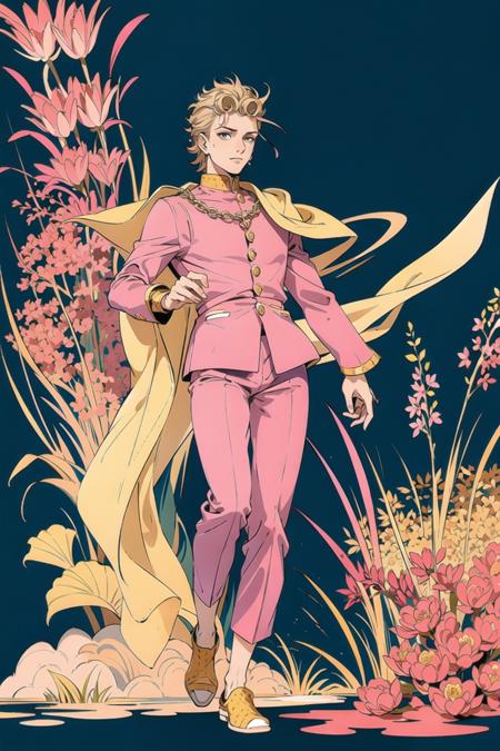 best quality,mature male, solo,(giorno giovanna:1.1), giogio, best detailed face, male focus,
blond hair, [white hair|(yellow hair:0.6)], black eye, pink long sleeve suit, facial experience,
full body, standing, (pink shirt :1.1), purple trousers, legs, red leather shoes,
wood pillar, plants, crimson lotus, floating petals, (flowers:1.1),
Himalayan mountains, mountains at far,mud path,
[(blue or yellow or crimson background:1.3), (simple background:1.1), black outline, (heavy black shadow, black-white:0.7) : sketch, shapes,(realistic:0.5):10]