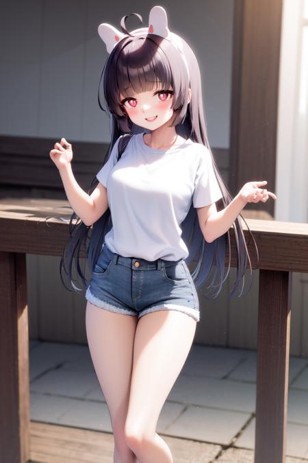 masterpiece, best quality, highres, 1girl miyu, white shirt denim shorts bare legs <lora:miyu:1> (smile : 1.2)