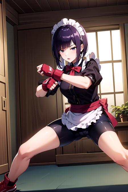 1woman, (masterpice), hihg quality, best quality, high detailed, (solo), 4k, pixiv, cg, (solo),fingerless gloves, maid headdress, bike shorts, red gloves, (fighting stance:1.1), room, ranko, short hair, purple hair, <lora:ver.1.1:0.7>