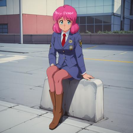 NeneRomanova,1girl,pink hair, policewoman, blue jacket,collared_shirt,red tie, blue skirt,pantyhose, hardsuit,powered suit, motoslave, powered armor, motorcycle, science fiction,  1990s (style),retro artstyle, green eyes, red hair,