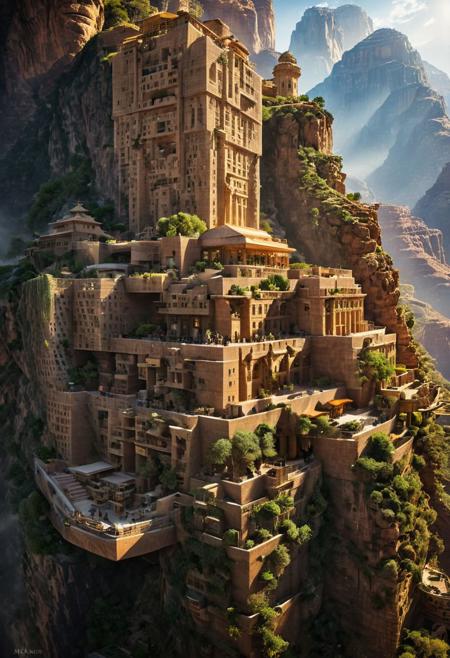 (The colonial city of the future, in the mist-filled Grand Canyon, on an unknown Earth-like planet, 2 moon on sky, Spaceship flight connects colonies, waterfulls:1.3), (Machu Picchu, a mountain settlement, incredibly spectacular:1.2), (Mario Botta:1.3), (avant-garde, future, reality, science fiction, photorealistic), (modern architecture:1.2), 
(Large Files, Ultra Realistic, 8K, 16k, FHD, HD, VFX, Perfect, Photography, composition, Architecture Sales Photography, Architecture Competition, Ultra High Resolution, Cinematography, High Resolution Image:1.1), (dramatic lighting, direct sunlight, ray tracing, clear shadow:1.2),  (real landscape:1.1), (blurred background:1.0), (urban background, more_details) ,
ac_neg1, great lighting, clear, hillscastel, extrusionbuilding, vertical