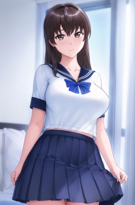 (Night:1.7), standing in a room
standing at attention,
blue bowtie, school_uniform,blue_sailor_collar,short_sleeves,blue and white skirt ,
<lora:saiminSeishidou:0.2>,<lora:Mai_Shiranui-KK77-V2:0.1>,<lora:Artificial_Academy_2-KK77-V1:0.7>,
bangs,hair_between_eyes,brown_hair,brown_eyes,long_hair,
1 girl, 20yo,mature female,Beautiful Finger,Beautiful long legs,Beautiful body,Beautiful Nose,Beautiful character design, perfect eyes, perfect face,
looking at viewer, (innocent_big_eyes:1.0),(expressionless:1.3),
NSFW,official art,extremely detailed CG unity 8k wallpaper, perfect lighting,Colorful, Bright_Front_face_Lighting,
(masterpiece:1.0),(best_quality:1.0), ultra high res,4K,ultra-detailed,
photography, 8K, HDR, highres, absurdres:1.2, Kodak portra 400, film grain, blurry background, bokeh:1.2, lens flare, (vibrant_color:1.2)
(Beautiful,large_Breasts:1.4), (beautiful_face:1.5),(narrow_waist),