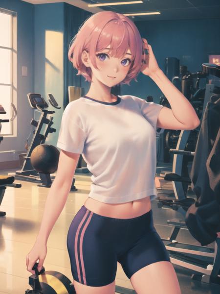 (best quality, masterpiece, illustration:1.1), 1girl, pink hair, short hair, purple eyes, gym clothes, gym,  indoors, happy, solo,  <lora:NoiseformV1:0.9>