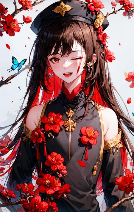 1girl, bangs, black_background, black_hair, blood, blood_on_hands, branch, brown_hair, bug, butterfly, camellia, daisy, floral_background, flower, hat, hat_flower, hibiscus, lily_\(flower\), long_hair, long_sleeves, looking_at_viewer, maple_leaf, one_eye_closed, open_mouth, orange_flower, plum_blossoms, red_flower, red_nails, red_ribbon, smile, solo, spider_lily, tassel, upper_body <lora:style_yeurei:1>