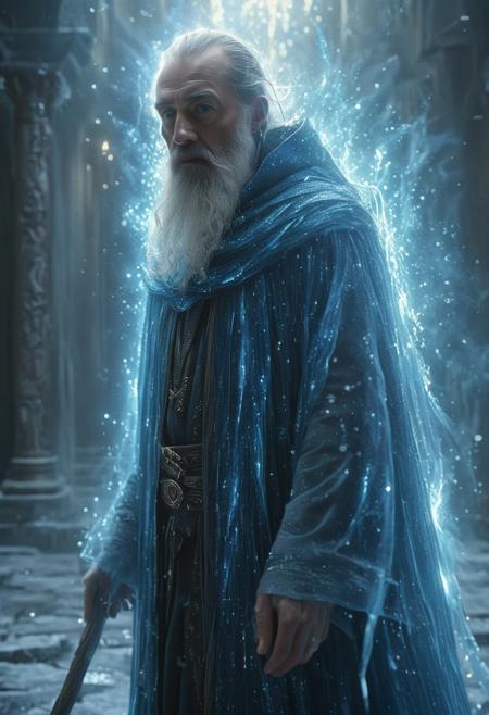 Astral Aura, (auralora:1.2), dark fantasy aesthetics, movie poster, centered composition, photography by Doug Aitken. A dark and moody face close-up of an old wizard standing in the halls of a temple ruins wearing a cloak is ((surrounded by sparks of ice shards)). The man has a long white beard and is holding a large magical staff that emits a bright blue light that shimmers on his face. Detailed face, detailed skin, skin texture, skin pores, (freckles:0.9). Dust particles, particle system. Gritty, raw, damp, liminal fog, shimmering light. A mesmerizing blend of light and shadows. <lora:Aurastronger_SDXL:1>, astral, colorful aura, vibrant energy