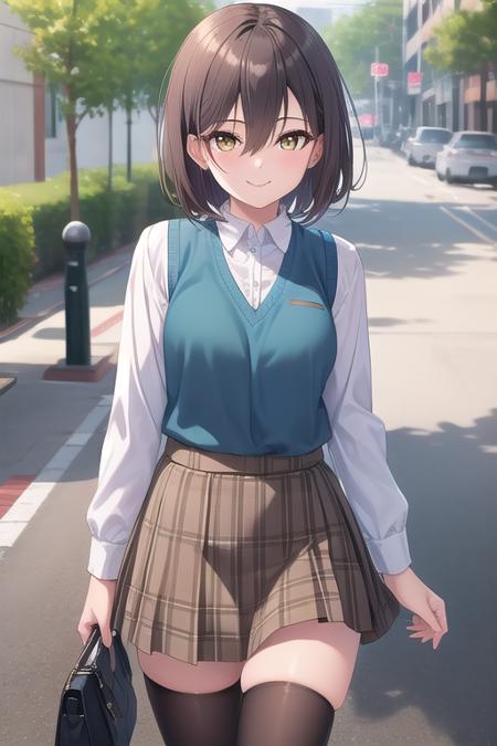 Sagimiya Misaki short hair,brown hair,hair between eyes,bangs,yellow eyes blue vest,white shirt,long sleeves,medium breasts,skindentation,miniskirt,brown skirt,plaid skirt,zettai ryouiki,black thighhighs,loafers