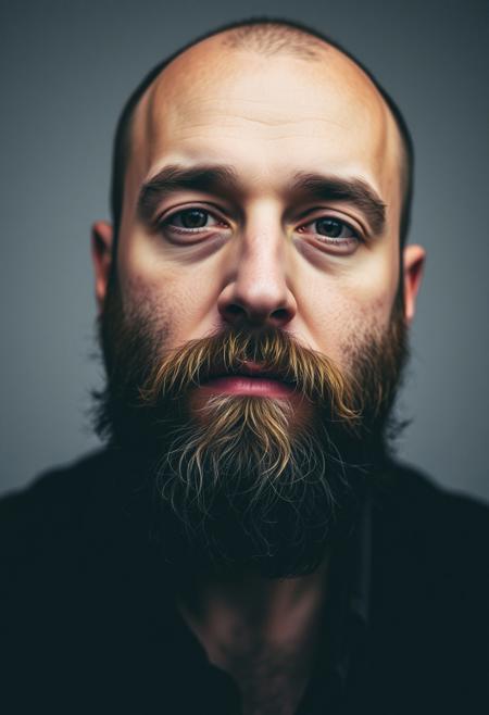 three quarters bearded man portrait, melancholic, head tilt down