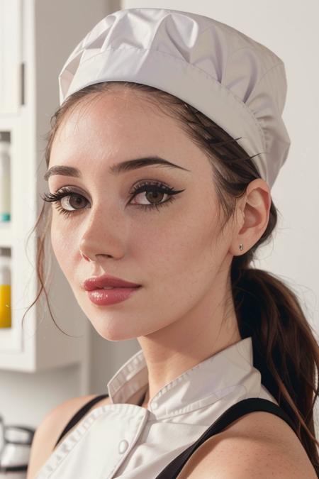 (photo of <lora:saraml-10:0.8>, saraml), a woman, ((closeup, portrait):1.2), ((indoors, kitchen, chef hat, chef uniform)),(lipstick, eyeliner, eye shadow), (pale skin), slight smile, ((hair tied back)), ((detailed eyes, detailed face))(masterpiece:1.2)