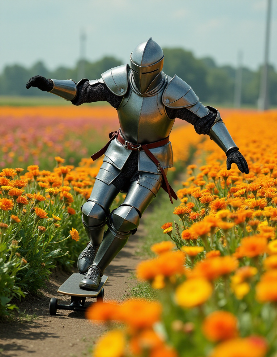 A person dressed in full medieval knight armor except for modern shoes riding a skateboard along a narrow dirt path surrounded by vibrant orange flowers. The background shows a blurred landscape with green trees and a clear sky.