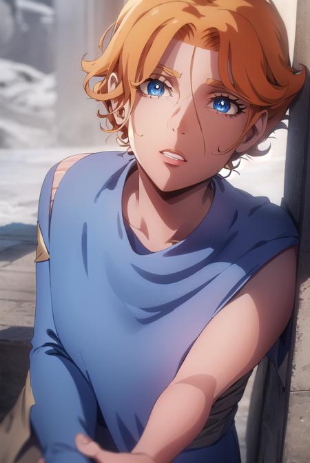 sypha, short hair, blue eyes, orange hair, cape, blue cape,