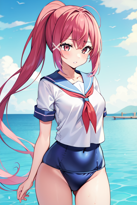 I168KC, 1girl, solo, long hair,ribbon, ponytail, short sleeves, serafuku, sailor collar, neckerchief, one-piece swimsuit, school swimsuit, swimsuit under clothes, red hair,