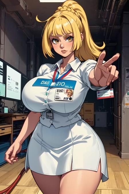 1girl, (solo:1.2), (masterpiece:1.2), (best quality:1.2), (perfect anatomy:1.5)
<lora:Eigaka [MockAi - v1.0]:0.8> eigaka, (huge breasts:1.4), (bursting breasts:1.5), curvy, voluptuous, exaggerated proportions, tall woman
(standing:1.5), (cowboy shot:1.4), (dynamic pose:1.4), (in motion:1.3), (interacting with her surroundings:1.35), (attentive:1.2), <lora:Lillie [h_madoka - v1.0]:0.7> aalillie, long hair, ponytail, french braid, blonde hair, (testing facility:1.4), (yellow-red markings:1.3), inside, high ceiling, ceiling lights, tiled, modern, (large room:1.5), electricy cables on the floor:1.2),, (collared shirt:1.4), (white shirt:1.4), (skirt:1.2), pencil skirt, business casual, (id card:1.5)