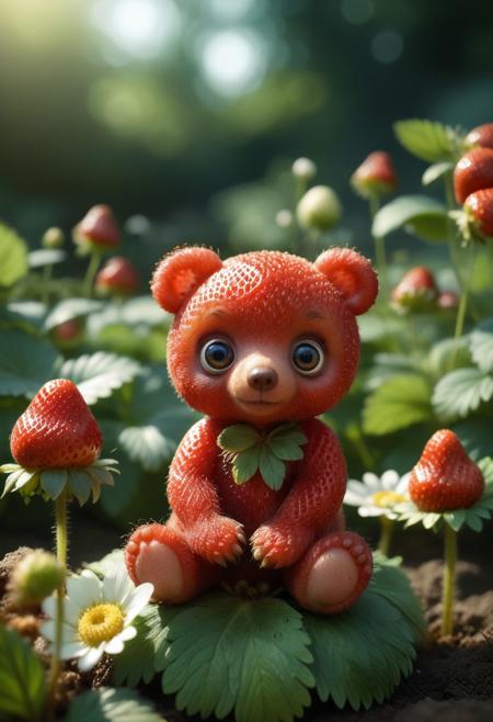 8k, photorealistic, dof, colourful, soft light, high-resolution picture,
A cute tiny red bear made of strawberry, 
big eyes, detailed eyes, 
sitting on a flower, garden background,