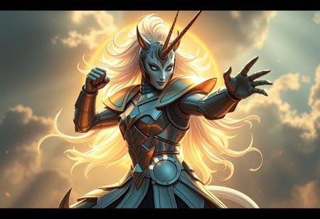 Generate a high-resolution, cinematic image of a Unicorn Knight in a fighting pose, inspired by the styles of Manjit Bawa and Go Nagai. Incorporate the following elements: golden aura, iron claws, and glass arms. Ensure the image adheres to the golden ratio and has a lifelike, detailed quality. The image should be in the style of a 2D concept art piece, created using Octane Render and Unreal Engine. Add the text 'Roborock' and 'Lokah Samastah Sukhino Bhavantu' to the image, and incorporate a subtle cowgirl high-fashion element. Aim for an elegant and refined aesthetic.cheerful demeanor.