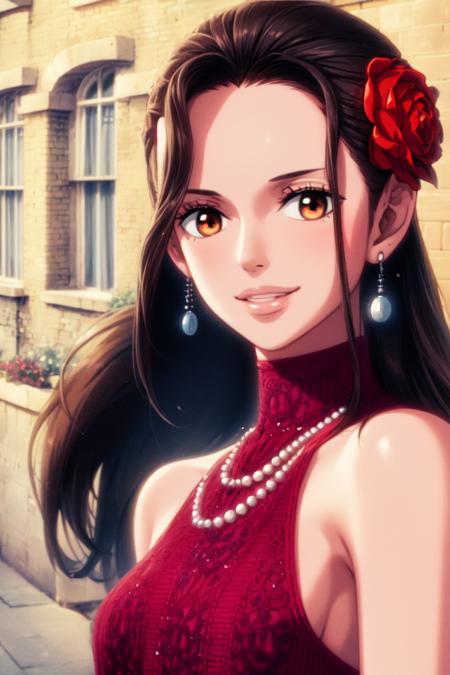 ultra realistic 8k cg, masterpiece, ((ultra detailed background, delicate pattern, intricate detail)), (highly detailed, fine details), best quality, (photorealistic:1.4),beautiful lighting,  absurdres, RAW photo, film grain, Viola, 1girl, black hair, smile, long hair, solo, flower, jewelry, earrings, hair ornament, hair flower, brown eyes, dress, smile, brown hair, necklace, bare shoulders, beautiful detailed lips, (((medium breasts))), (complex detailed background, outside, old city, brick buildings, small town environment, nature, close-up, portrait),<lora:BeautifulDetailedEyes:0.4>,  <lora:DetailTweaker:0.5>,  <lora:Viola:0.8>