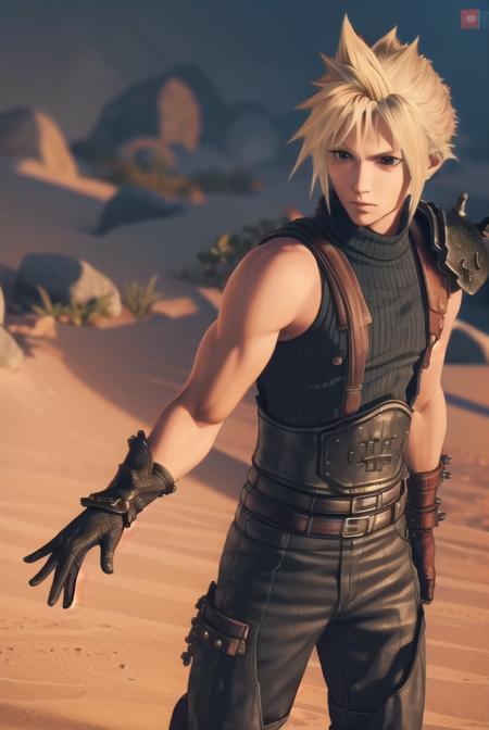 cloud strife, blonde hair, male focus, spiked hair, (grey eyes:1.3), gloves, sleeveless, black gloves, pants, armor, turtleneck,