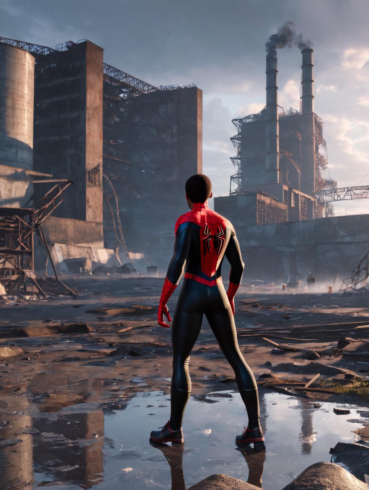 Spiderman in a post-apocalyptic landscape with buildings in the background.