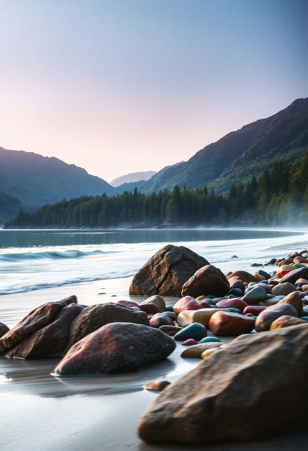 The image depicts a beautiful beach with colorful rocks. The beach is surrounded by lush green trees and mountains in the background. highly detailed and hyper realistic photo, by Alena Aenami , by Archibald Thorburn , by Daniele Afferni , in the style of  monochromatic silhouette reflection,  limited dark palette, unusual dark colors, faded colors, atmospheric haze, highly dramatic cinematic lighting, motion blur, film grain,  professional, excellent composition, finest details, maximized details, ultimate detail level, masterpiece, best quality