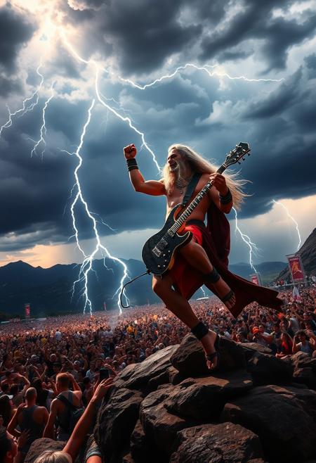 Live metal concert, above Mount Olympus, Zeus all-mighty God of Thunder plays the electric guitar, dark thunder clouds, lightning bolts, massive crowd. The best hardcore metal show that Earth has ever known.