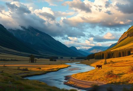 An idyllic countryside valley with mountains on the sides and in the far distance, a river flows through a valley and there's a lone moose drinking from the river. The late evening sky is cloudy and the clouds cast shadows onto the landscape. The scene has vibrant and painterly colors.