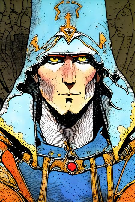 A beautiful ((close-up portrait)) of strange man, by WASMoebius