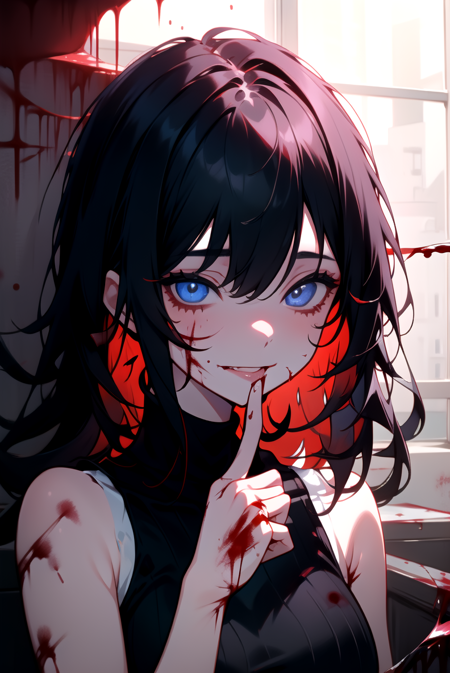 Vanessa_Colgurin, yandere, crazy eyes, crazy, crazy smile, masterpiece, 1girl, solo, solo focus, blood on face, blood, blood on clothes, nosebleed, psychopath, horror \(theme\), black hair, sleeveless, black sleeveless turtleneck, upper body, finger to mouth, finger biting, messy hair,<lora:Vanessa_Colgurin-07:0.6>