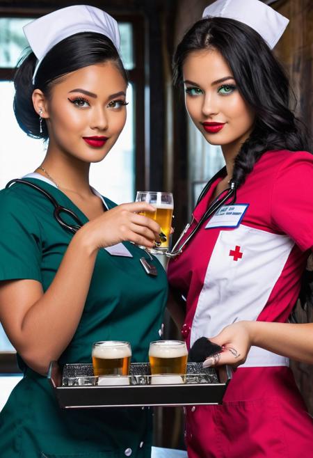 (RAW photo, subject, 8k uhd, dslr, soft lighting, high quality, film grain, Fujifilm XT3, masterpiece, best quality, extremely detailed photograph, volumatic light, ray tracing,, extremely detailed 8k wallpaper),   abstract fashion portrait of (four:2.0 sexy nurses :2.0), (a cute 19yo asian girl and a cute 24yo german woman and a beautiful 23yo african girl, very (light:2.0) white or brown or black skin, dressed as sexy nurses, dressed in latex, clear blue or green or black eyes, short or long light blond or long brunette or very  long black  straigt or wavey or curly hair with undercut hairstyle, chin bangs, dread hairstyle, braid hairstyle, (colorful streaks:1.8), very (big:1.8) or very (big:2.0) , perky tits, perfect hourglass figure, delicate face and eyes, (glasses:0.8), (glossy:1.6) (pink or red or dark red or orange or blue or black or green or rainbow lips), makeup, painted nails, navel piercing, nose piercing, (tattoos:2.0), sexy pose), at counter in beergarden, hold tray with some glasses of beer, in hand look at viewer, kiss