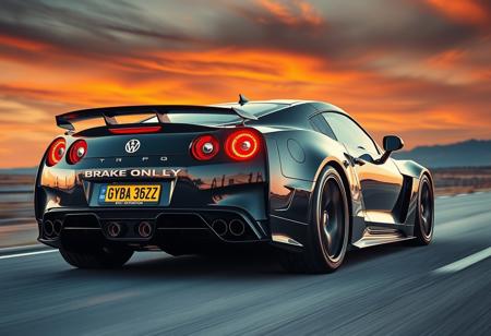 “A high-performance sports car seen from the back, exuding power and speed. The sleek design features aggressive aerodynamics, wide tires, and distinctive tail lights. The license plate boldly reads ‘I BRAKE ONLY FOR BUZZ.’ The car is in motion on an open highway at dusk, with motion blur enhancing the sense of speed. The exhaust emits a faint glow, hinting at raw horsepower. The background showcases a dramatic sky with deep oranges and purples, adding to the cinematic feel. Ultra-realistic reflections on the car’s glossy surface and intense lighting make the scene striking and dynamic.”