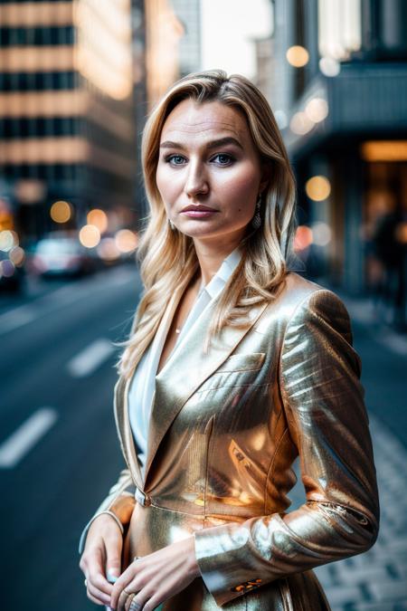 (masterpiece) (high quality) (professional) (realistic) portrait of Ebba Busch wearing formal dress suit <lora:Ebba_Busch_vng:1> standing in the middle of the city during golden hour,  (HDR)   (half portrait composition), exquisite details