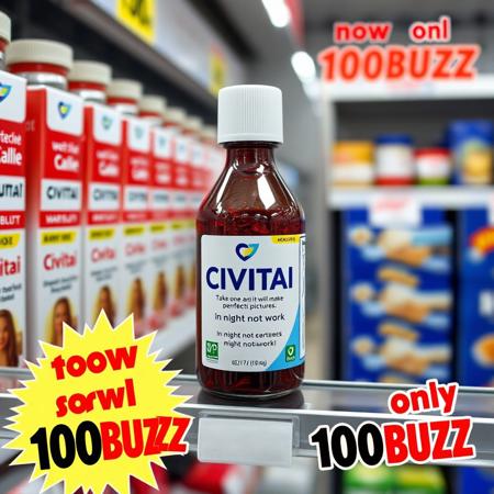 On a supermarket shelf there is a bottle of a miracle medicine with the name "CIVITAI" with the subtitle "Take one and it will make perfect pictures" in small letters "might not work" with a flashy advertisement that says "now only 100BUZZ"