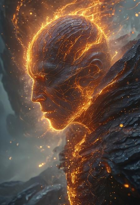 Astral Aura, (auralora:1.2), dark fantasy aesthetics, movie poster, centered composition, close-up photography by Geof Kern. portrait, (draconic theme:1.1) (glowing fiery eyes:1.05),  (mouth open:0.65), elemental fiery armored champion, [heavy armor:molten rock:2], covered in molten rock,  flowing lava, cracks, steam, dynamic pose,    obsidian in background,   cinematic cataclysmic atmosphere,. (Detailed face, detailed skin, skin texture, skin pores, (freckles:0.9)). (ethereal wisps and Sparks, dust particles, particle system:1.4). Gritty, raw, emotional, liminal fog, shimmering light. A mesmerizing blend of light and shadows. <lora:Aurastronger_SDXL:1>, astral, colorful aura, vibrant energy