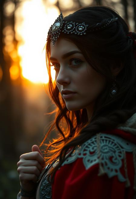 Close Up shot of Snow White as a warrior princess  at the forest, at sunset, Low saturation color photography, vintage, grunge, top light