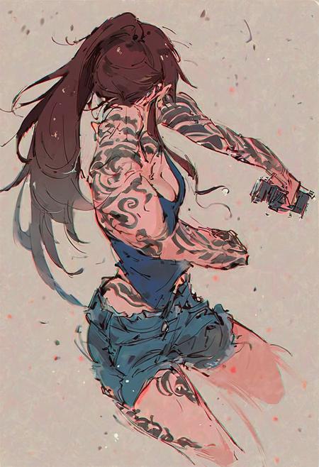 score_9, score_8_up, score_7_up, 1girl, solo, long hair, brown hair, ponytail, blue tank top, denim shorts, tattoo, holding pistol, dramatic pose, dark background, bright lighting, strong stance, aggressive, detailed, high contrast, action-ready