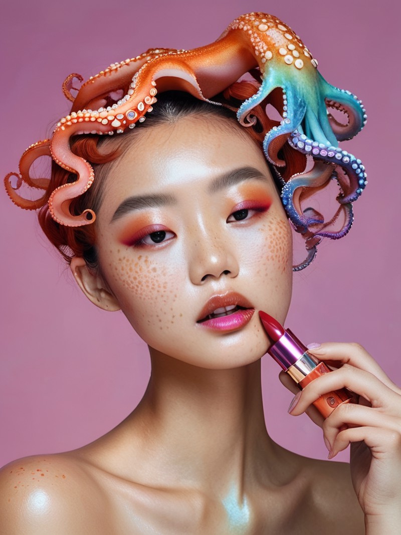 product editorial style of a asian model with Freckles ,she is putting on lipstick ,  underwater colorful octopus hair, ir...