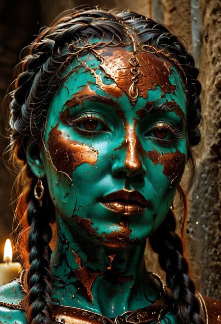 masterpiece, best quality, ultra detailed, close-up portrait, dark fantasy aesthetic, Patina Metal Skin race. The face of La Santa di Ferro, a divine figure of an ancient metallic race. Her skin is a deep oxidized iron red, flecked with dark rust-orange patina that forms intricate, natural filigree patterns across her cheeks and brow, like holy markings etched by time itself. Her eyes glow faintly gold, as if smelted from molten metal, serene yet powerful. Small fissures and delicate cracks run across her face, subtly filled with veins of verdigris green, resembling the natural healing of metal. Her hair is tightly braided steel wires, shimmering under dim light, falling like delicate chains. The background is shadowed stone and faint candlelight, emphasizing her sanctity in a forgotten temple. Mood: sacred, awe-inspiring, an ancient relic made flesh.