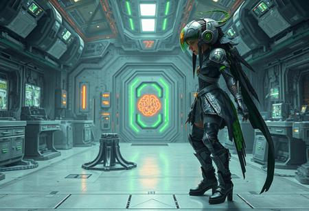 Binary Sorceress, cinematic, cyber metal stand, brain research lab, gray & green, red/yellow emblem, visor helmet, black boots, dynamic pose, right-facing, detailed face, intricate clothes, octane render, unreal engine 5, Artstation trending, vivid emotions, joyful, powerful message, beautiful detailed eyes, CGSociety, Golden Ratio, ultra detailed isometric landscape by nekroxiii, ominous elaborate abstract surrealism, symmetrical, ruins, airbrush, intricately detailed.